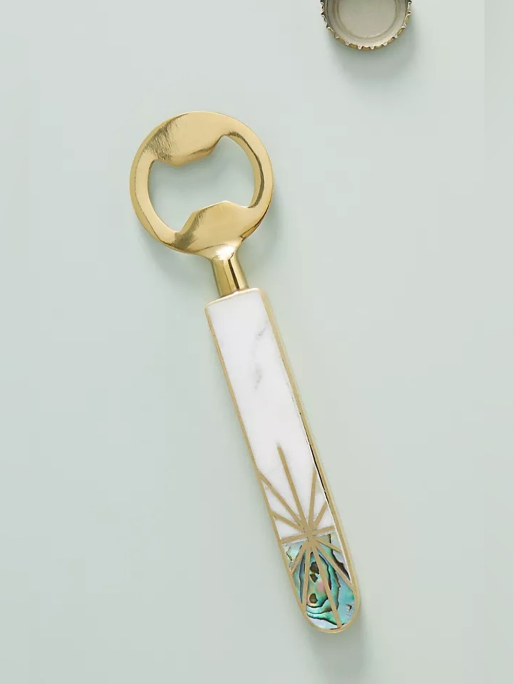 Anthropologie Whitney Bottle Opener in Brass / Marble Iridescent Abalone Inlay